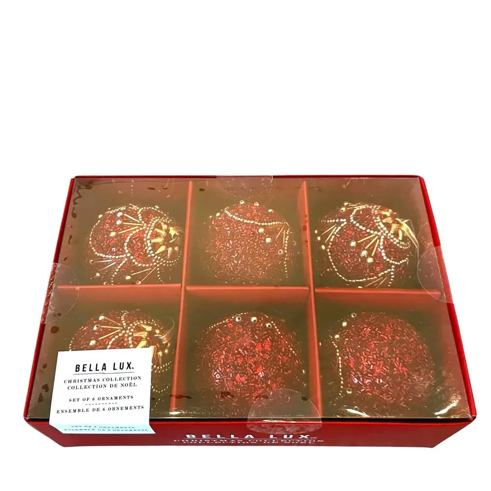 Bella Lux Red Gold Beaded Christmas Ornaments 2.5in Set of 6 Holiday Glam NEW